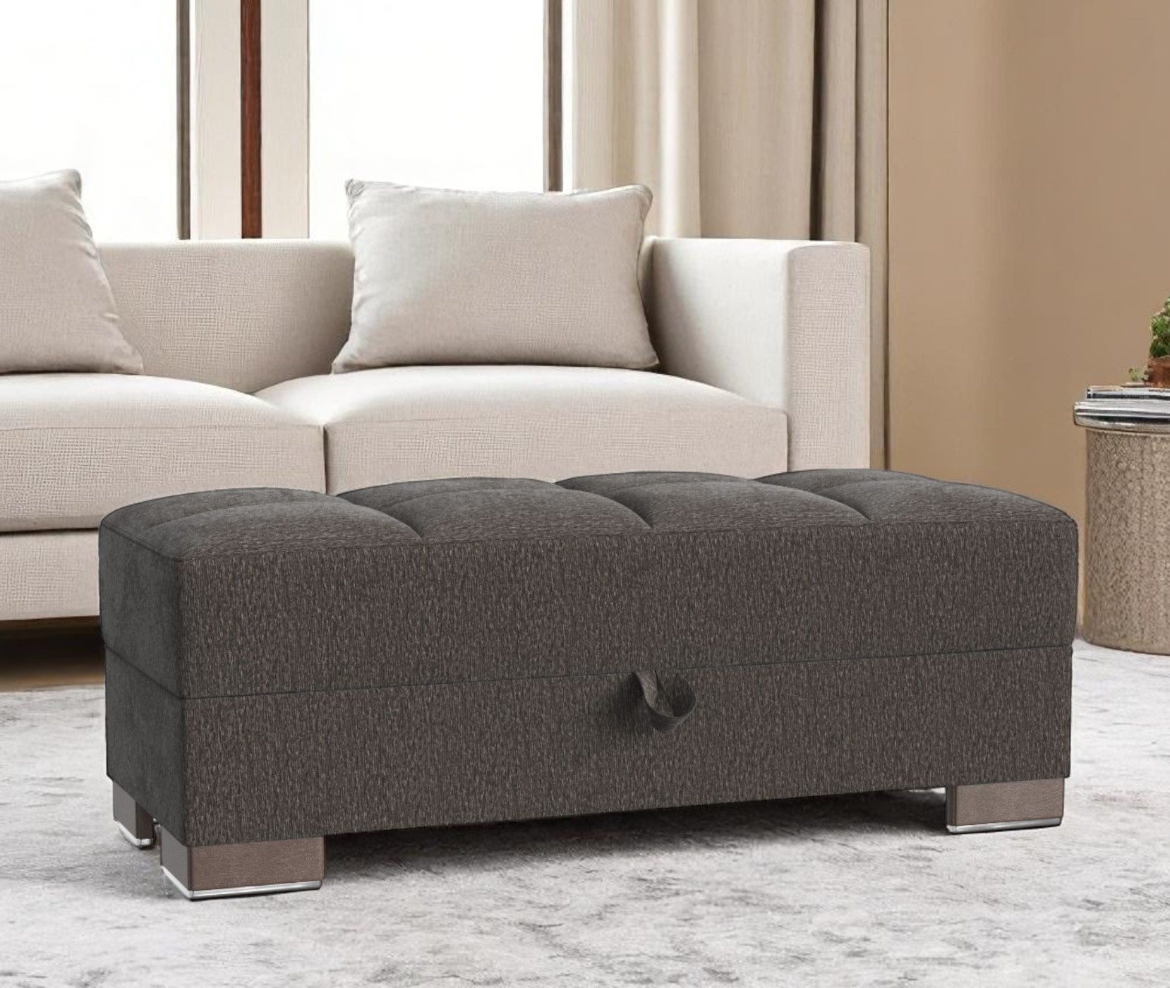 52'' Dark Gray and Brown Chenille Tufted Storage Ottoman