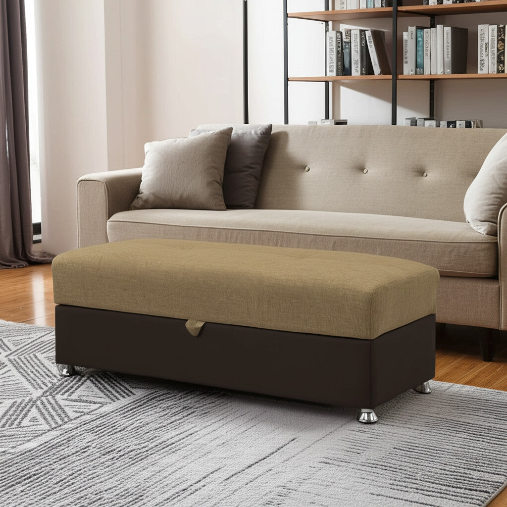 54'' Camel Espresso and Silver Chenille And Faux Leather Tufted Storage Ottoman