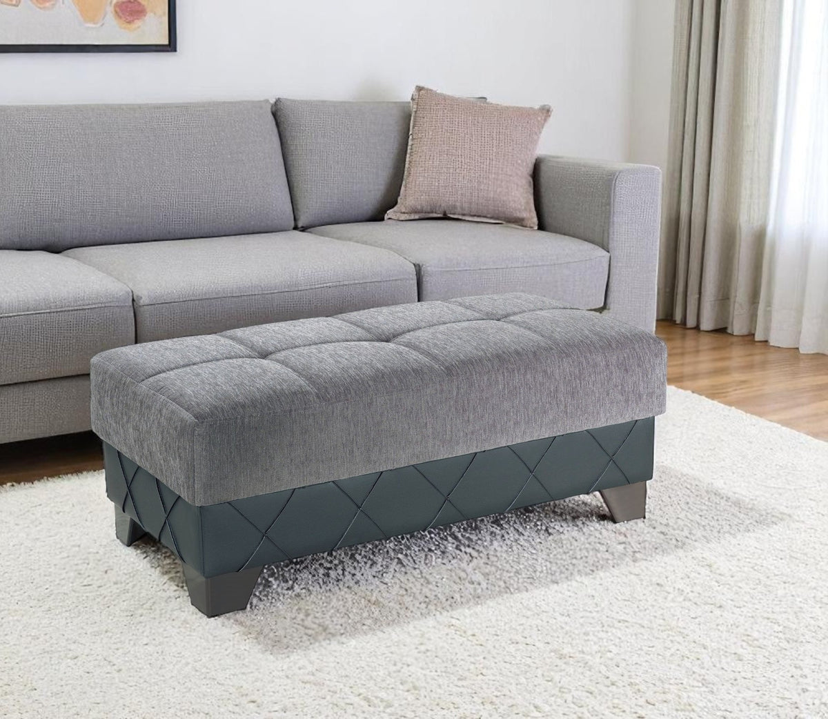 48'' Gray and Brown Chenille And Faux Leather Tufted Storage Ottoman