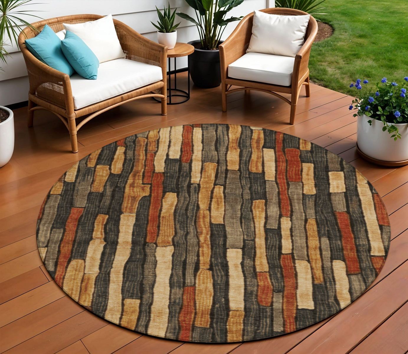 8 Coffee And Brown Round Striped Washable Indoor Outdoor Area Rug