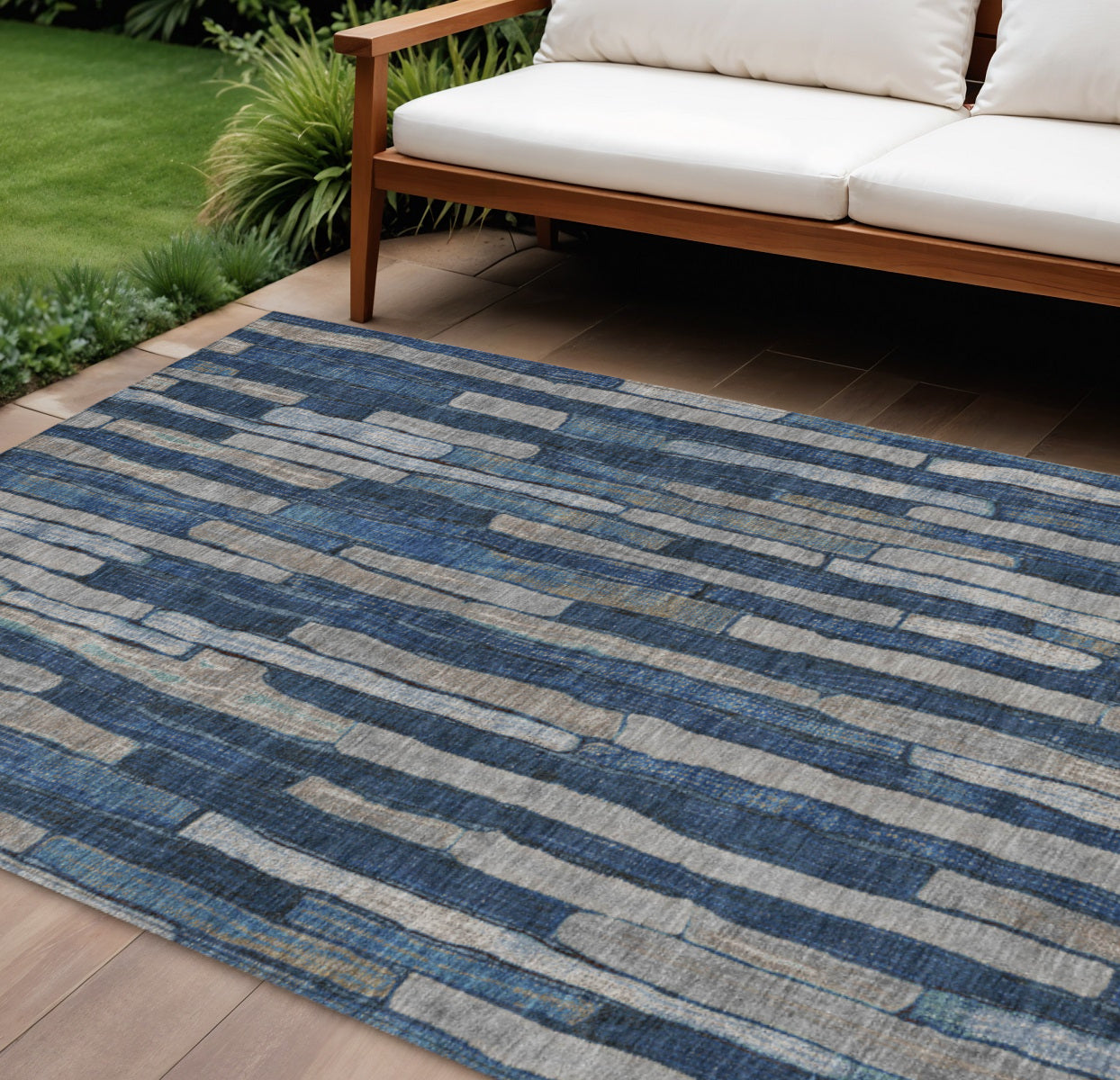 9 X 12 Navy Blue And Denim Blue Striped Washable Indoor Outdoor Area Rug