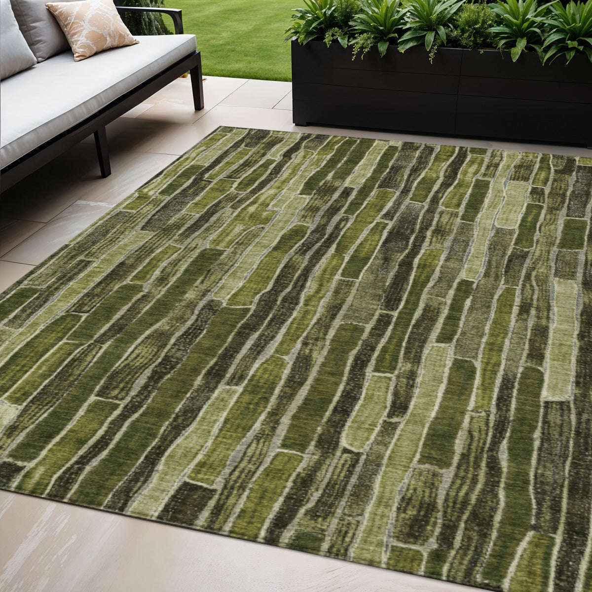 5 X 8 Olive Green And Dark Olive Green Striped Washable Indoor Outdoor Area Rug