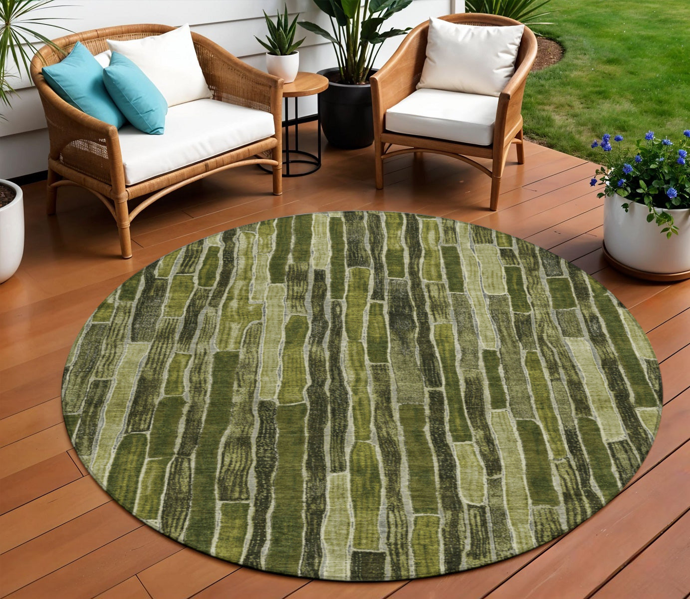 8 Olive Green And Dark Olive Green Round Striped Washable Indoor Outdoor Area Rug