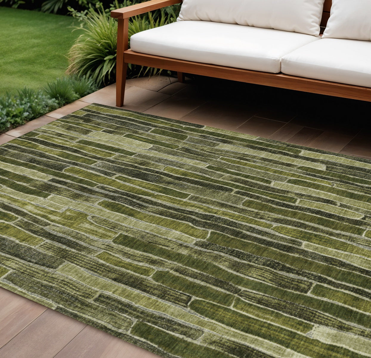 8 X 10 Olive Green And Dark Olive Green Striped Washable Indoor Outdoor Area Rug
