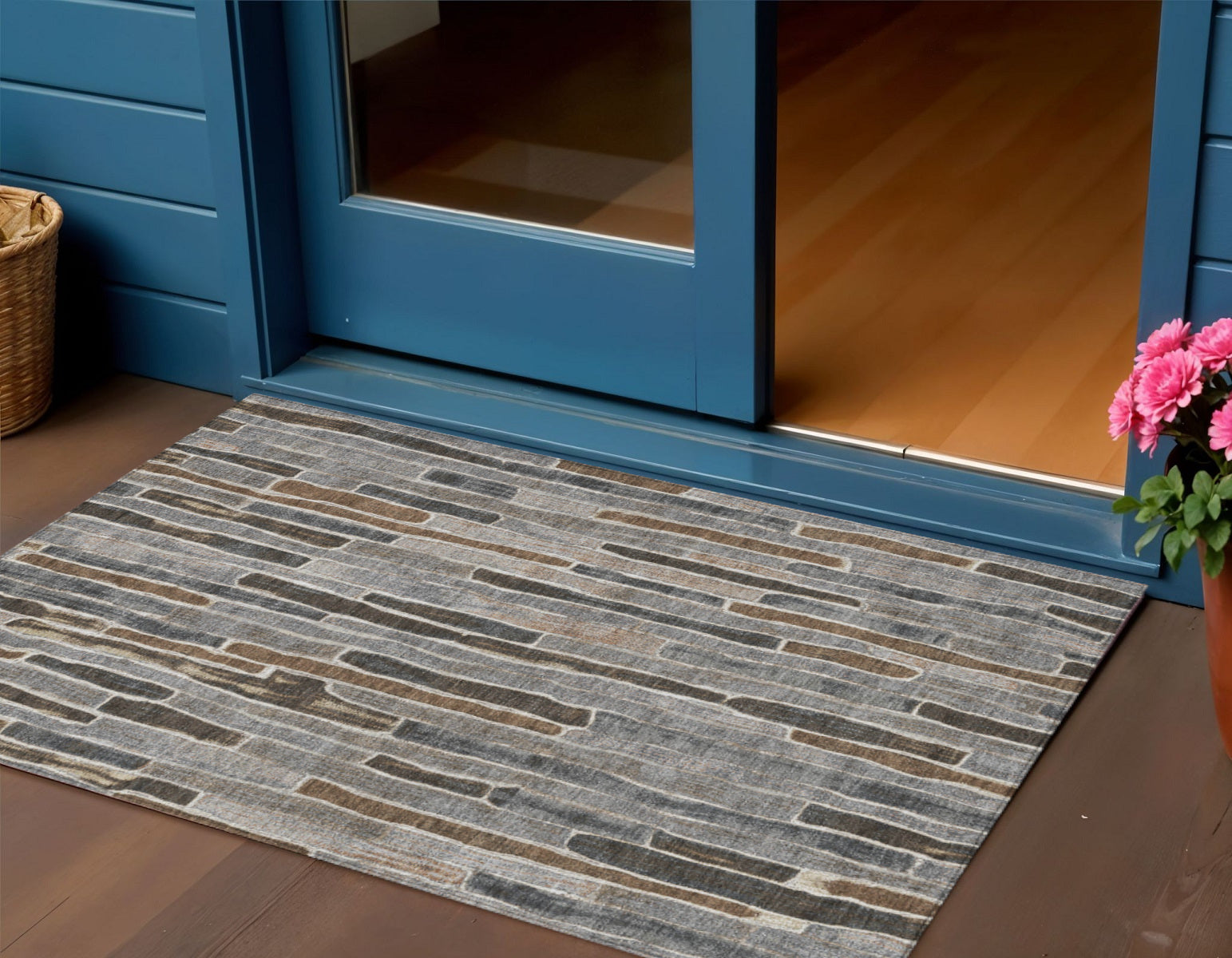 3 X 5 Pewter And Brown Striped Washable Indoor Outdoor Area Rug