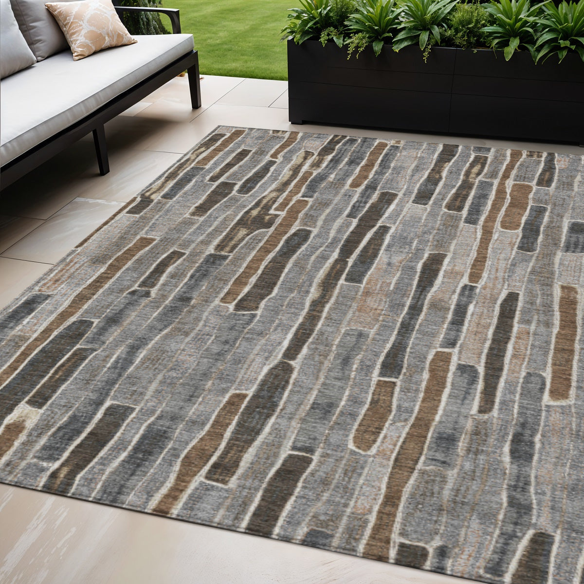 5 X 8 Pewter And Brown Striped Washable Indoor Outdoor Area Rug