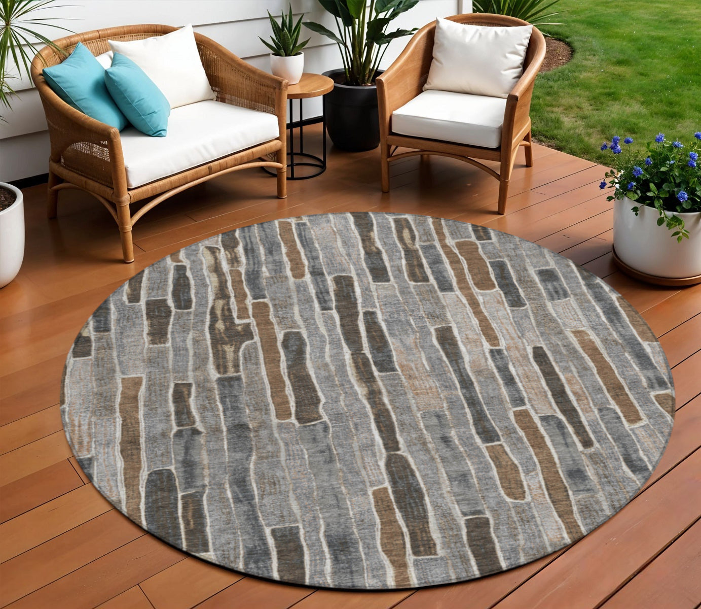 8 Pewter And Brown Round Striped Washable Indoor Outdoor Area Rug