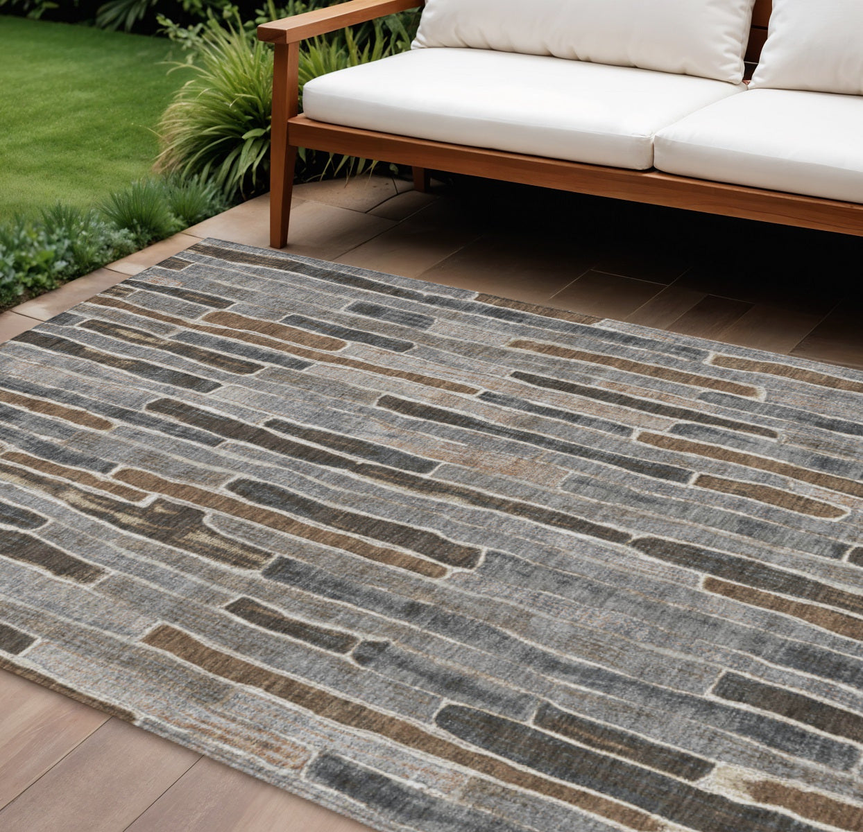 8 X 10 Pewter And Brown Striped Washable Indoor Outdoor Area Rug