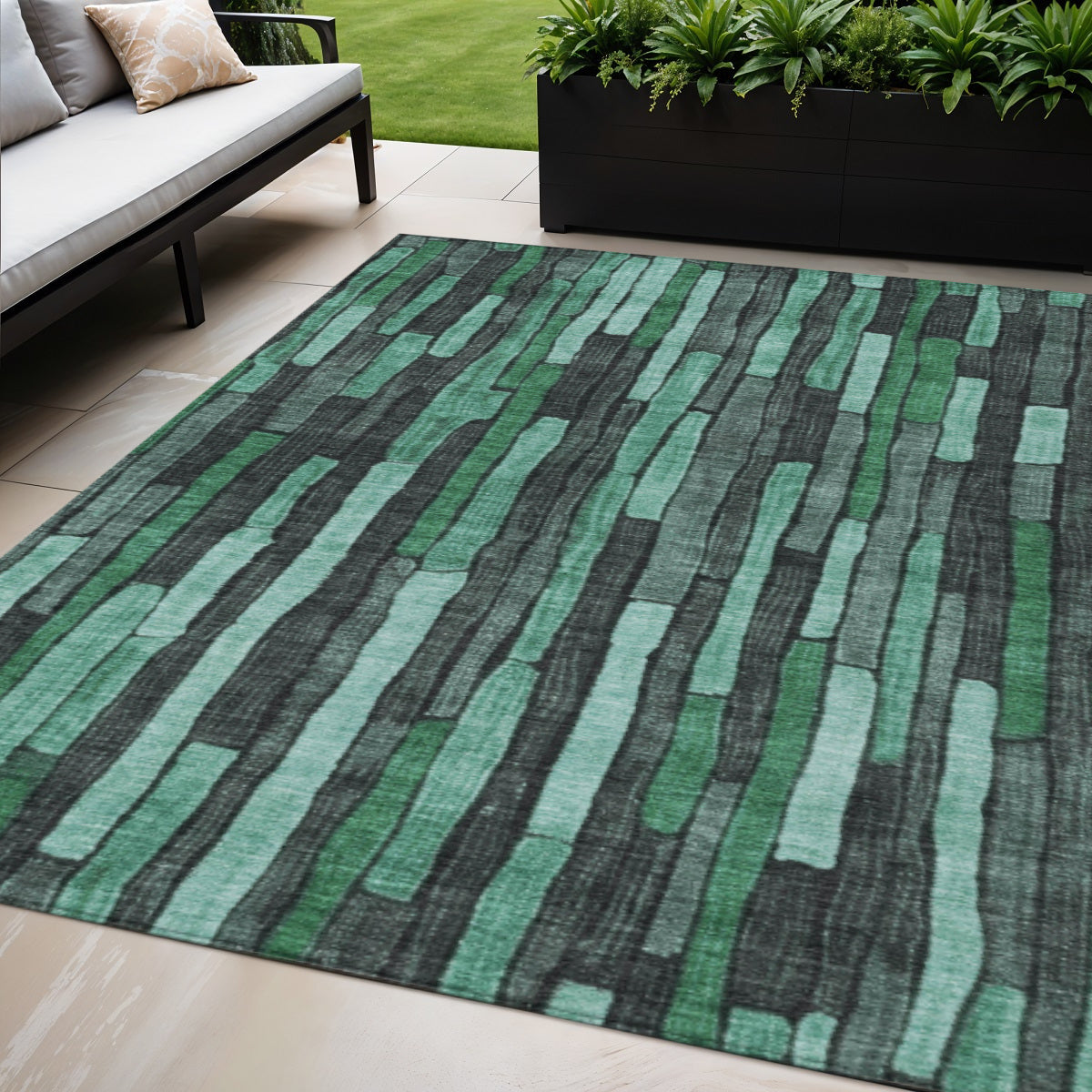5 X 8 Sage Teal Blue And Emerald Striped Washable Indoor Outdoor Area Rug