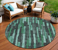 8 Sage Teal Blue And Emerald Round Striped Washable Indoor Outdoor Area Rug