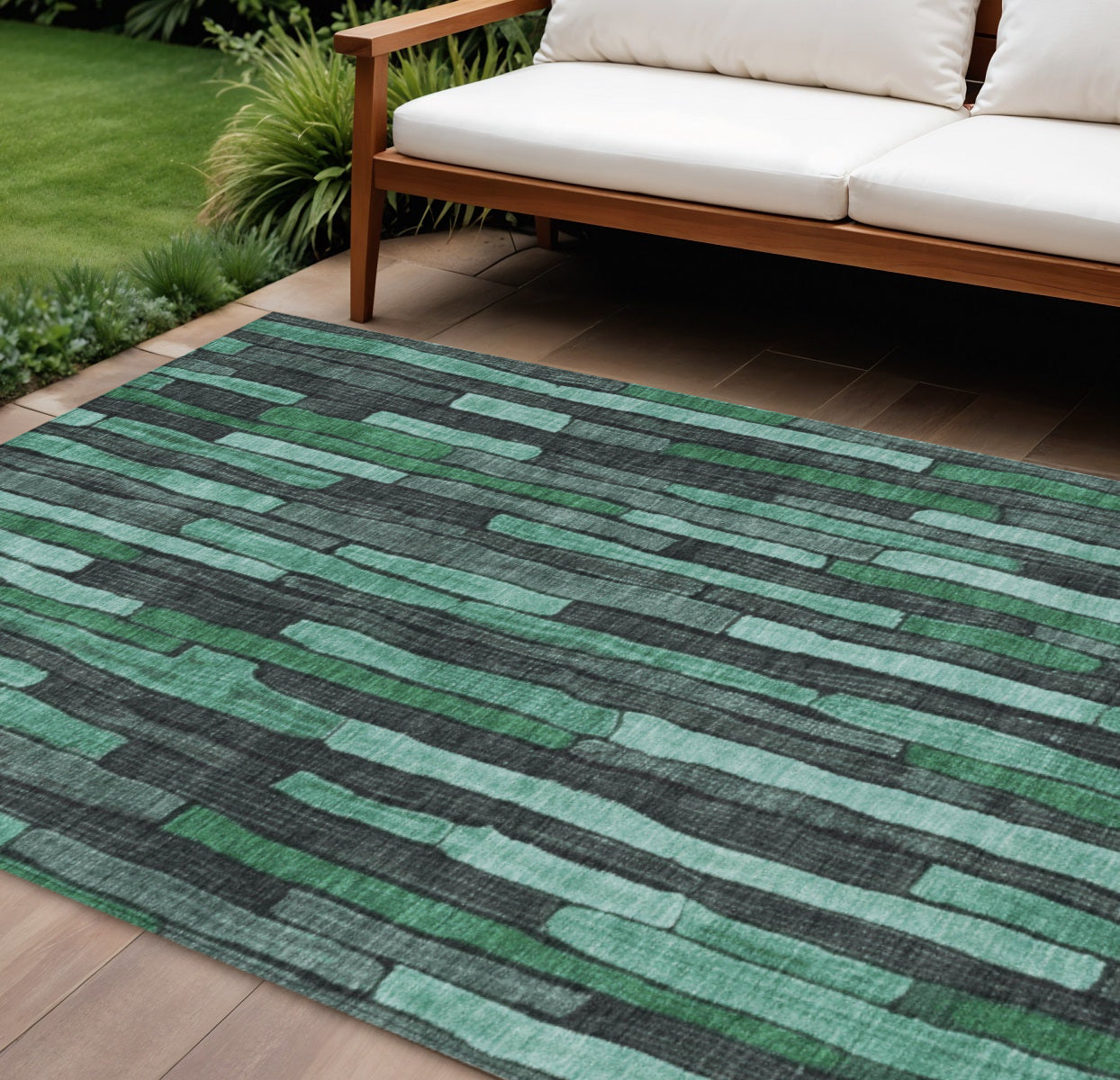 9 X 12 Sage Teal Blue And Emerald Striped Washable Indoor Outdoor Area Rug