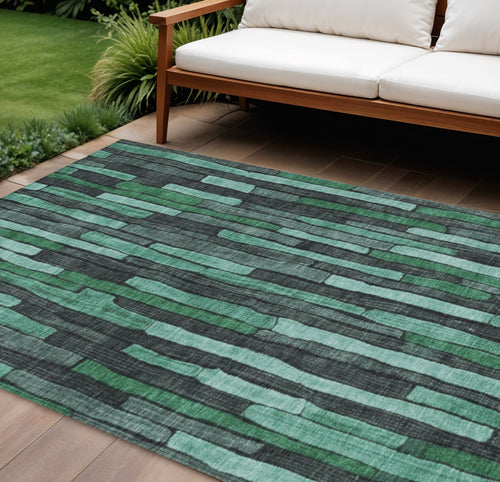 10 X 14 Sage Teal Blue And Emerald Striped Washable Indoor Outdoor Area Rug