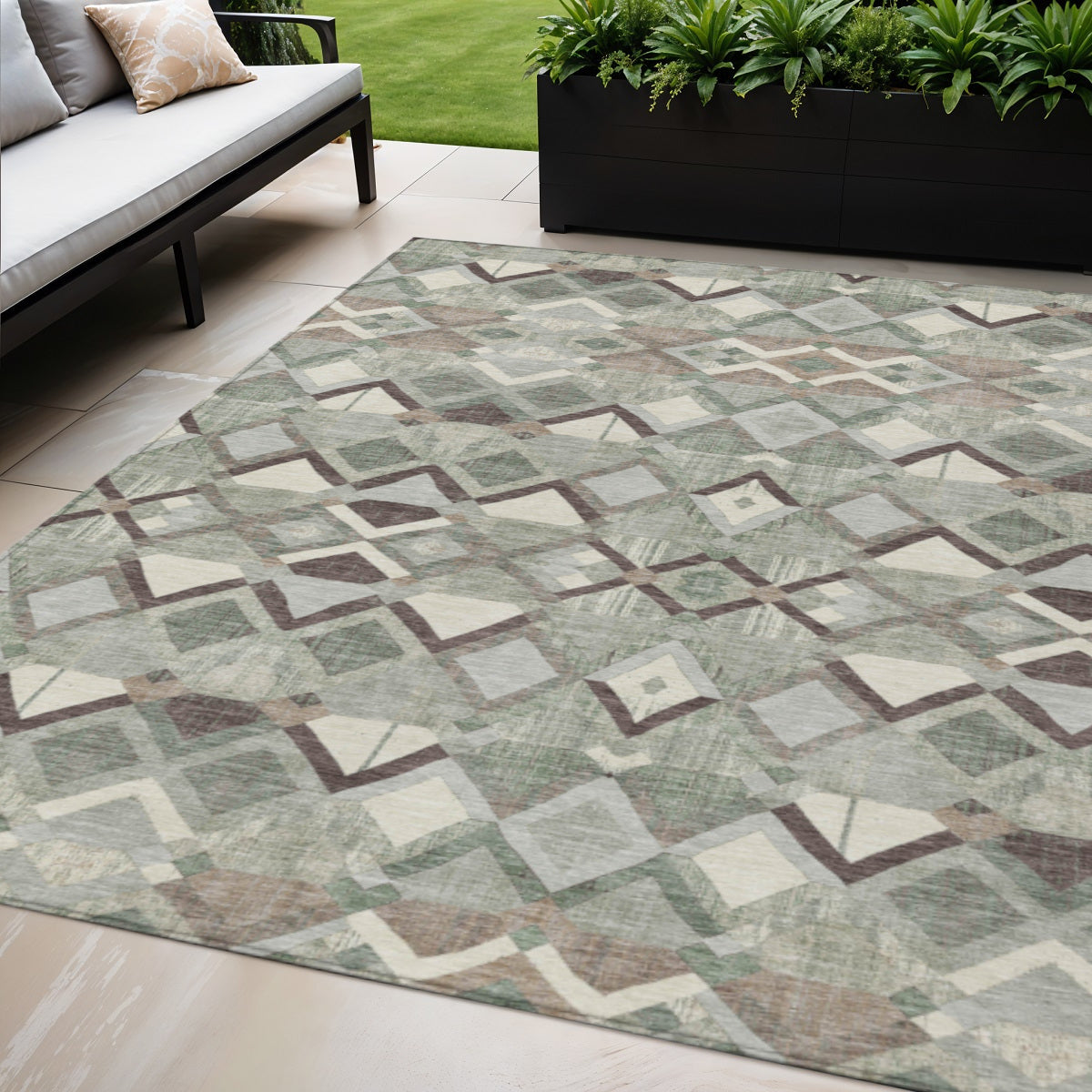 5 X 8 Sage And Off White Geometric Washable Indoor Outdoor Area Rug