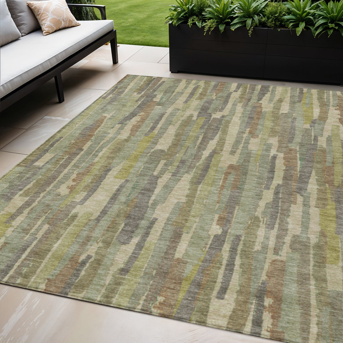 5 X 8 Artichoke Green And Ivory Striped Washable Indoor Outdoor Area Rug