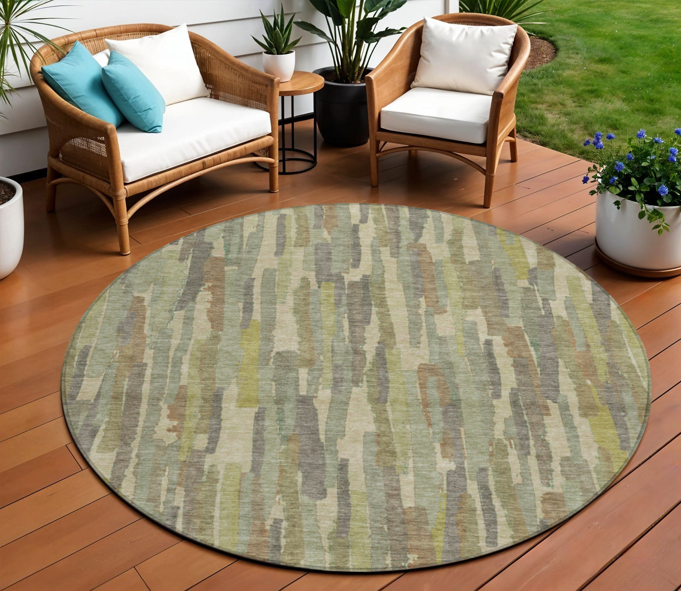 8 Artichoke Green And Ivory Round Striped Washable Indoor Outdoor Area Rug