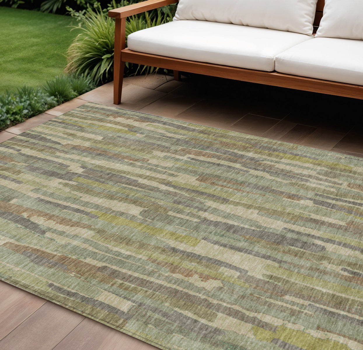 8 X 10 Artichoke Green And Ivory Striped Washable Indoor Outdoor Area Rug