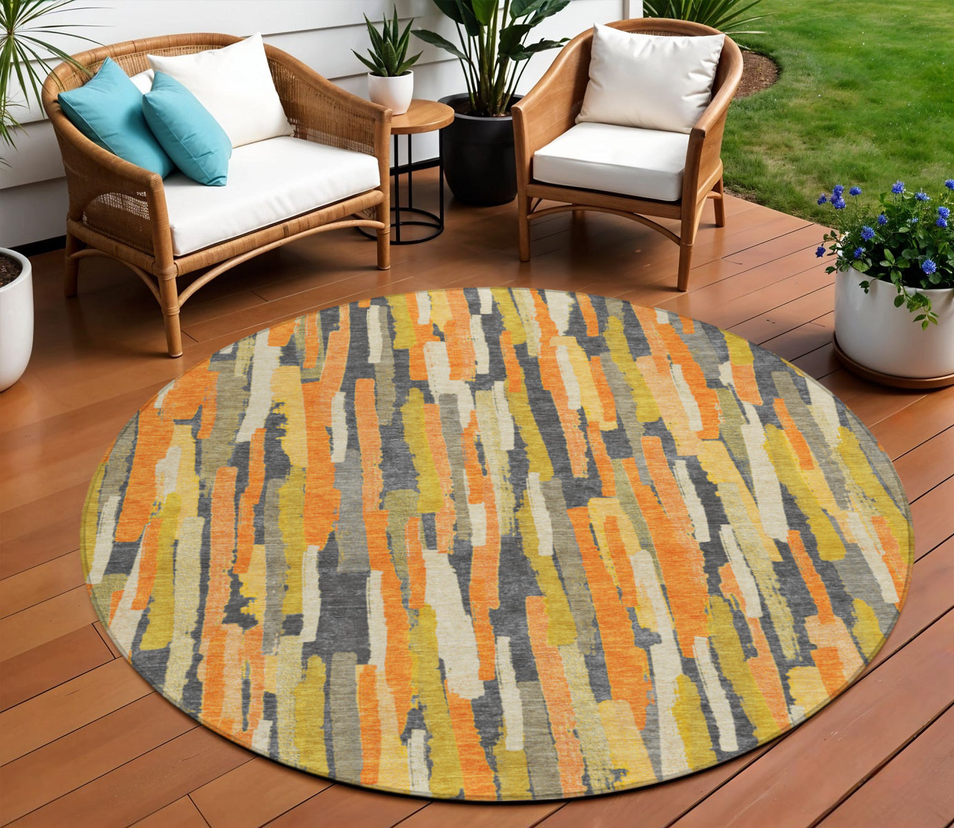 8 Orange And Beige Round Striped Washable Indoor Outdoor Area Rug