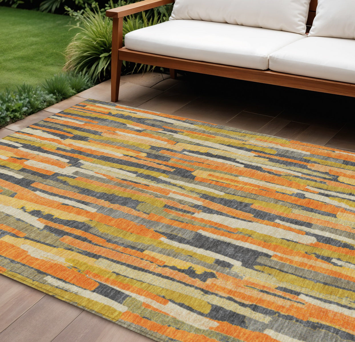 8 X 10 Orange And Beige Striped Washable Indoor Outdoor Area Rug
