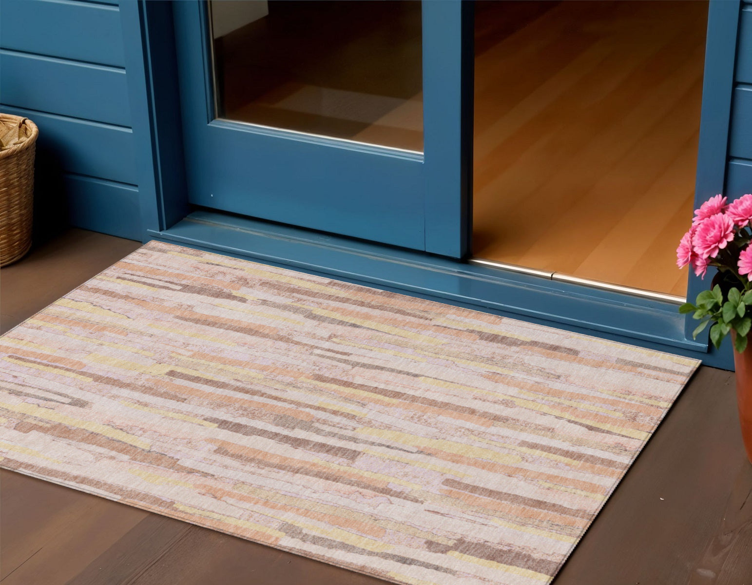 3 X 5 Pink And Beige Striped Washable Indoor Outdoor Area Rug