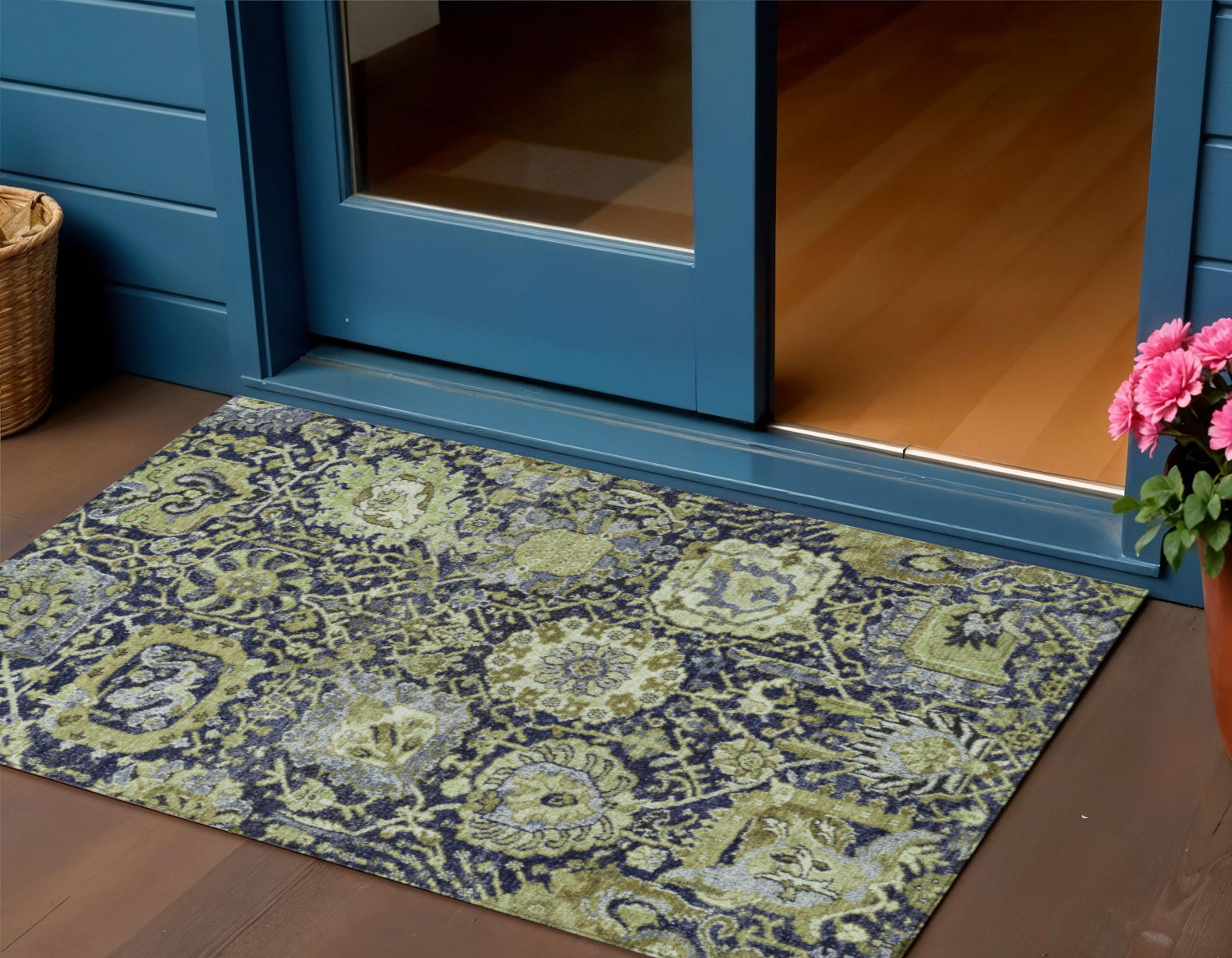 3 X 5 Fern Green And Blue Damask Washable Indoor Outdoor Area Rug