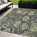 5 X 8 Fern Green And Blue Damask Washable Indoor Outdoor Area Rug
