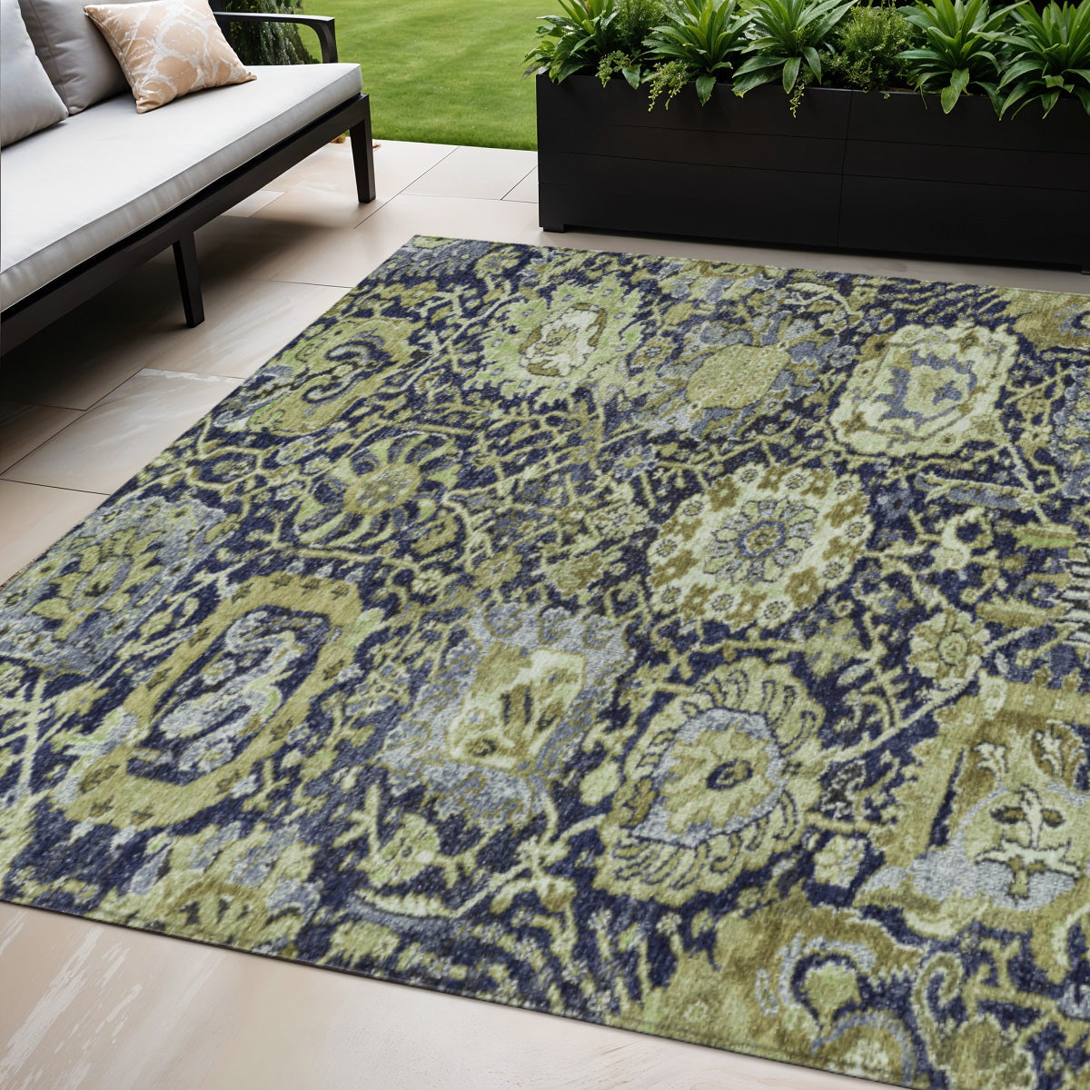 5 X 8 Fern Green And Blue Damask Washable Indoor Outdoor Area Rug