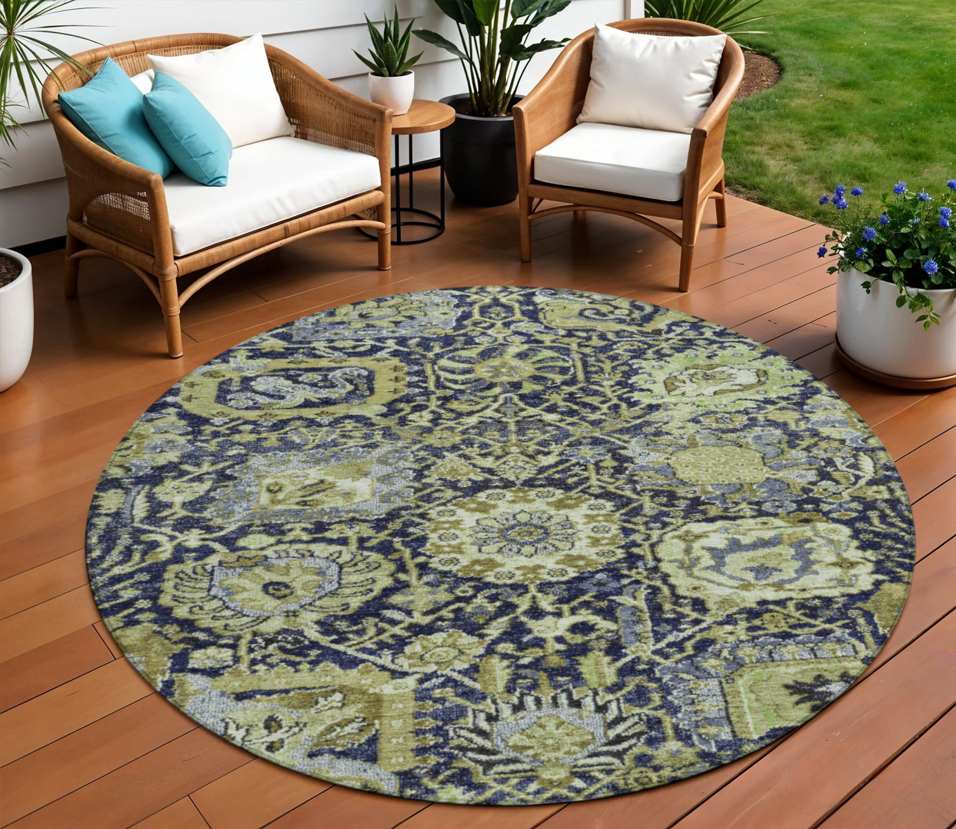 8 Fern Green And Blue Round Damask Washable Indoor Outdoor Area Rug