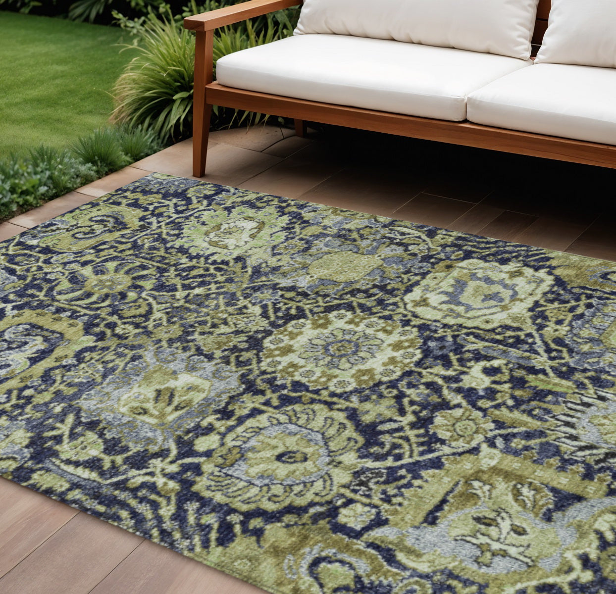 9 X 12 Fern Green And Blue Damask Washable Indoor Outdoor Area Rug