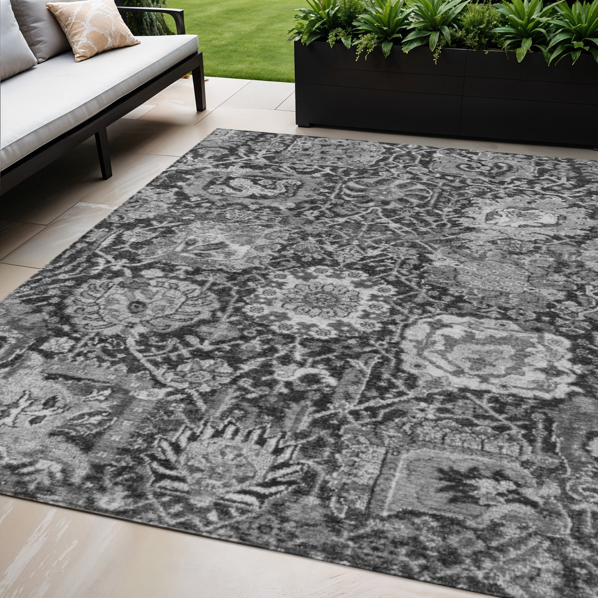 5 X 8 Gray And Ash Gray Damask Washable Indoor Outdoor Area Rug