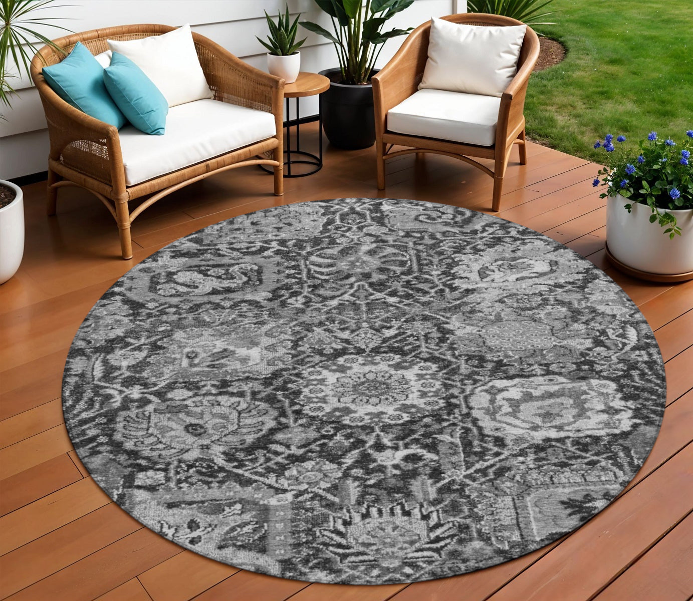 8 Gray And Ash Gray Round Damask Washable Indoor Outdoor Area Rug