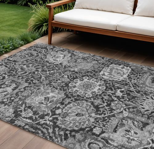10 X 14 Gray And Ash Gray Damask Washable Indoor Outdoor Area Rug