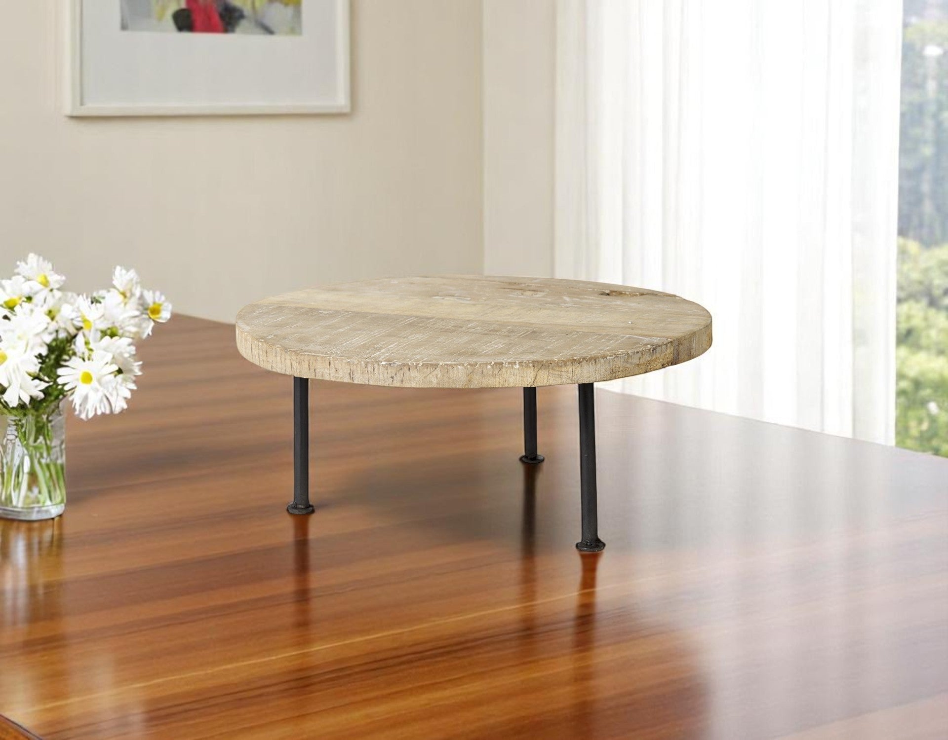 15 Light Brown And Black Round Solid Wood Handmade Riser Tray
