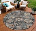 8 Taupe Blue And Beige Round Geometric Washable Indoor Outdoor Area Rug