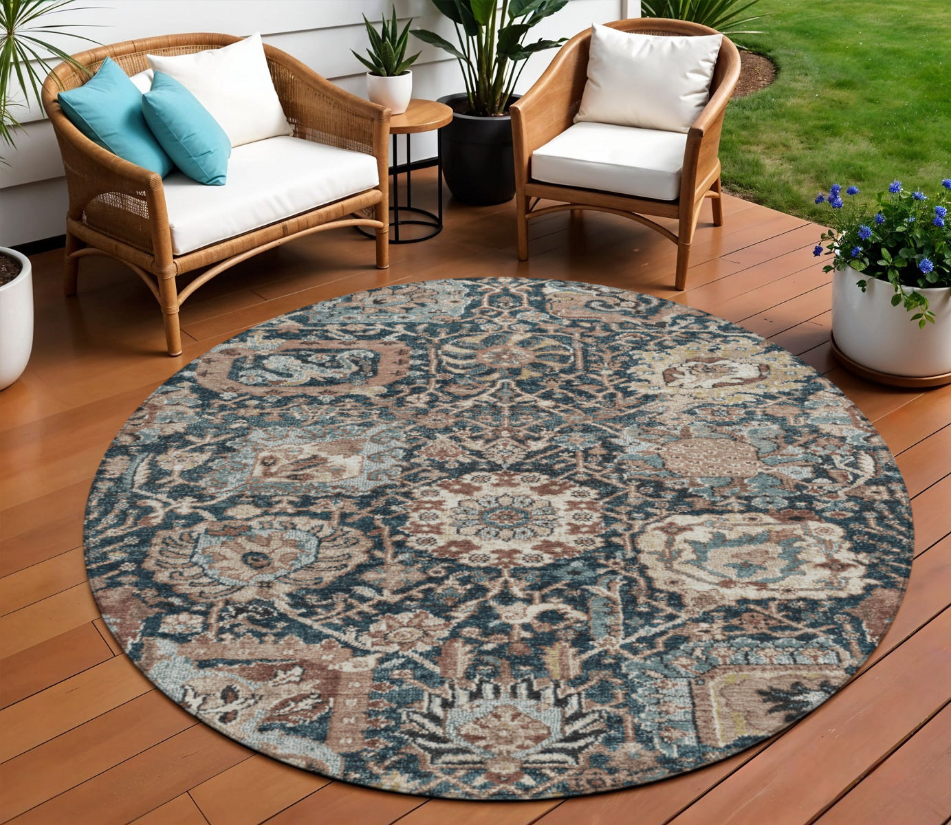 8 Taupe Blue And Beige Round Geometric Washable Indoor Outdoor Area Rug