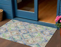 3 X 5 Beige Blue And Green Geometric Washable Indoor Outdoor Area Rug