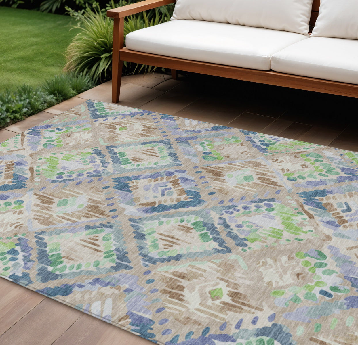 9 X 12 Beige Blue And Green Geometric Washable Indoor Outdoor Area Rug