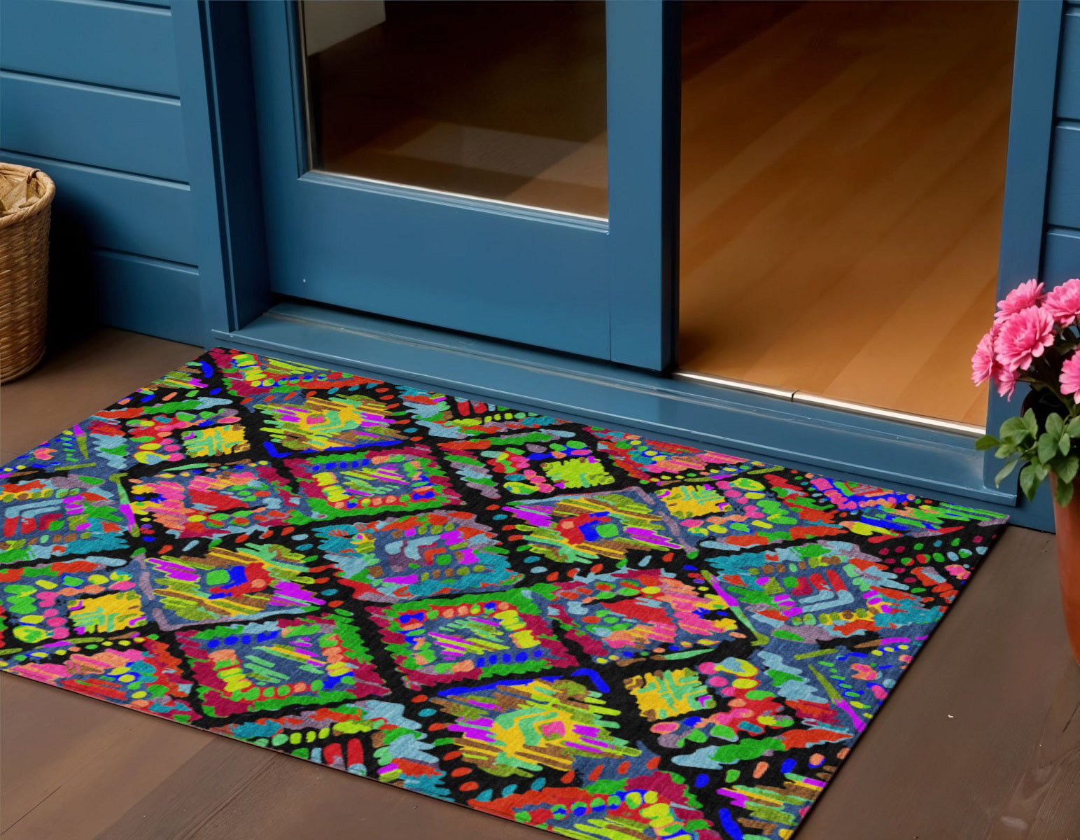 3 X 5 Black Yellow And Green Geometric Washable Indoor Outdoor Area Rug