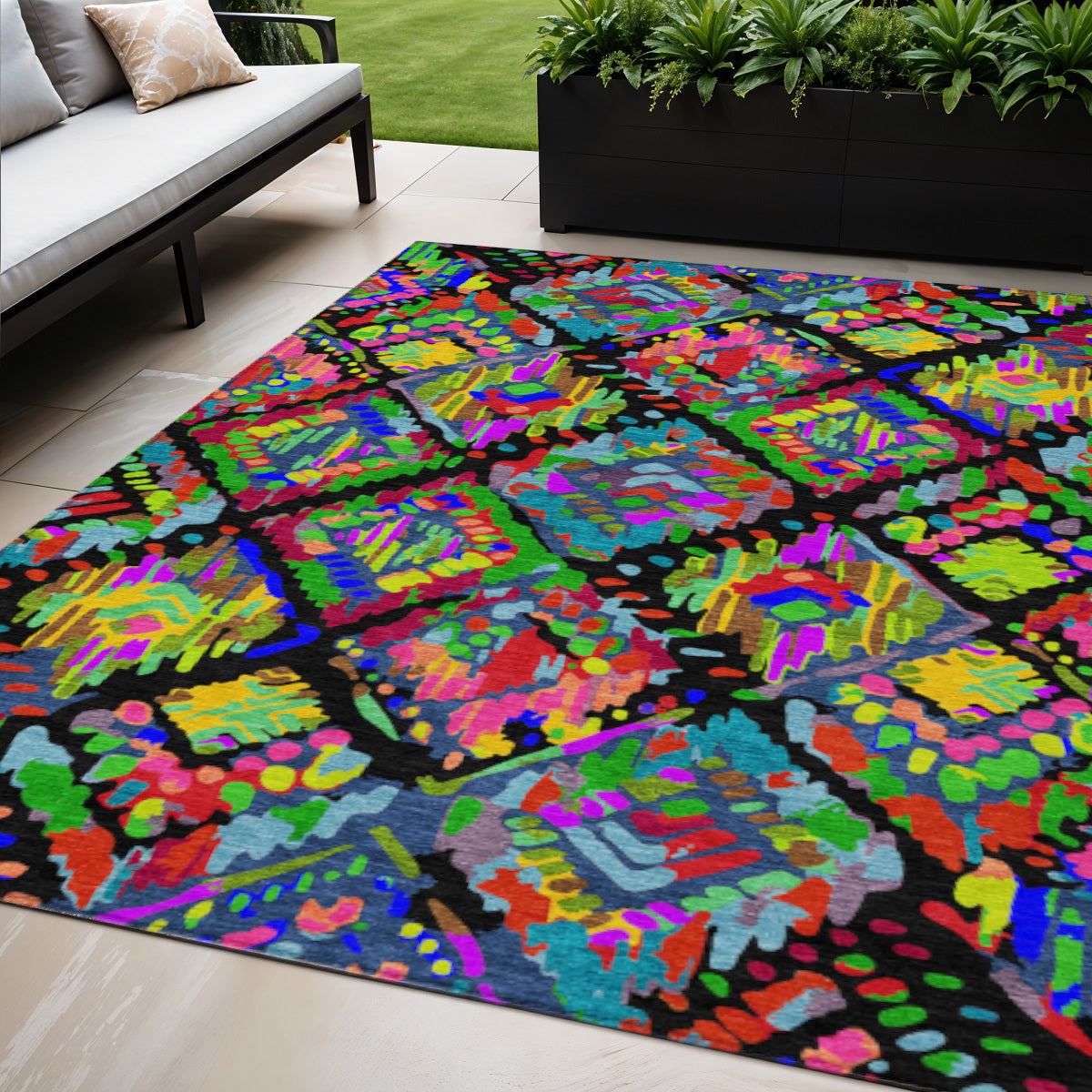 5 X 8 Black Yellow And Green Geometric Washable Indoor Outdoor Area Rug