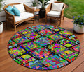8 Black Yellow And Green Round Geometric Washable Indoor Outdoor Area Rug