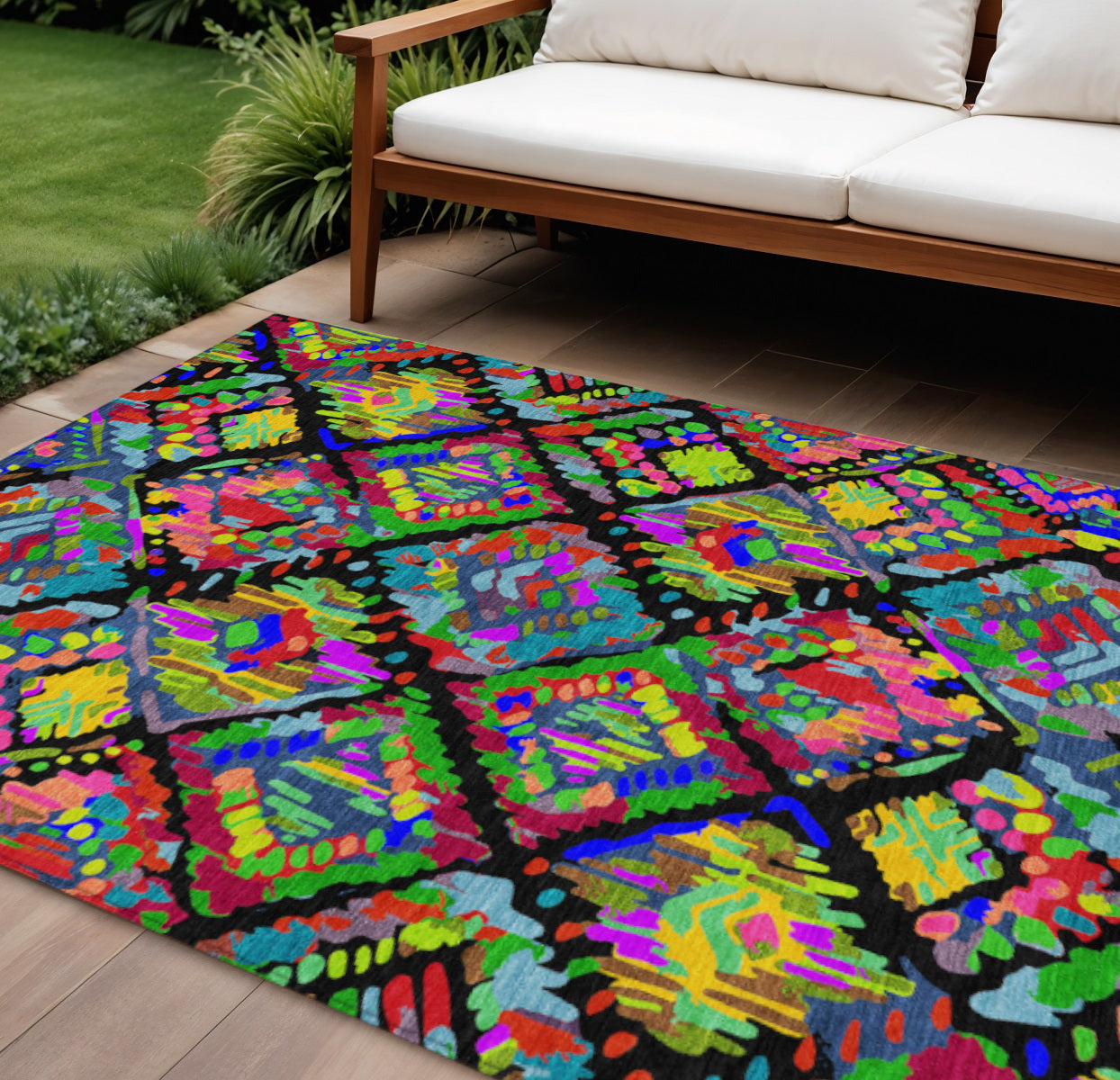 10 X 14 Black Yellow And Green Geometric Washable Indoor Outdoor Area Rug