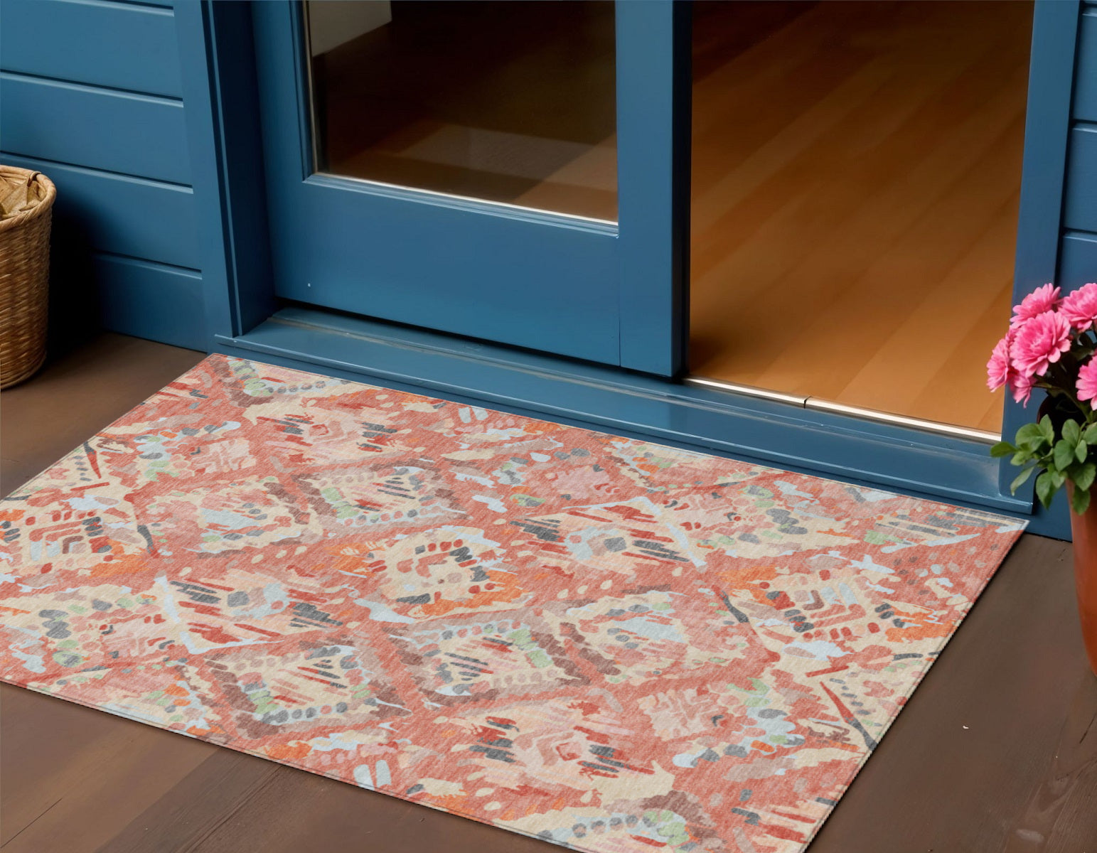 3 X 5 Coral And Orange Geometric Washable Indoor Outdoor Area Rug