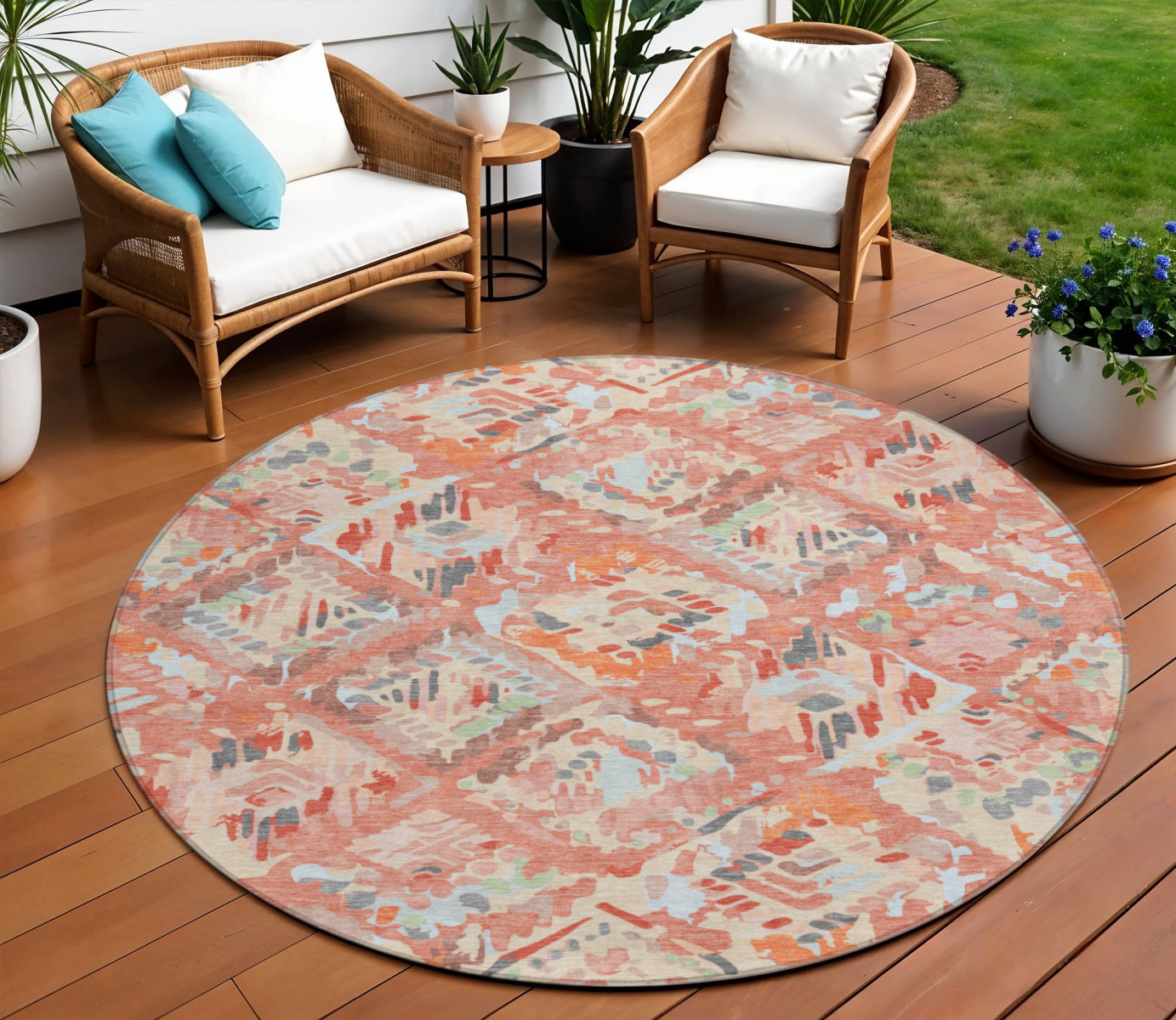 8 Coral And Orange Round Geometric Washable Indoor Outdoor Area Rug