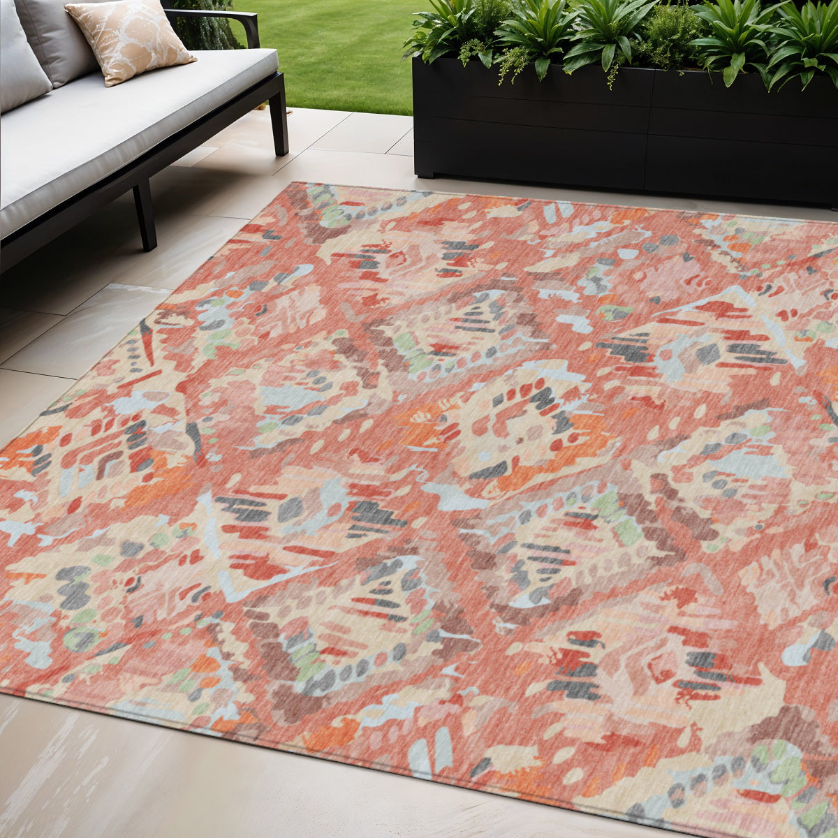 10 X 14 Coral And Orange Geometric Washable Indoor Outdoor Area Rug