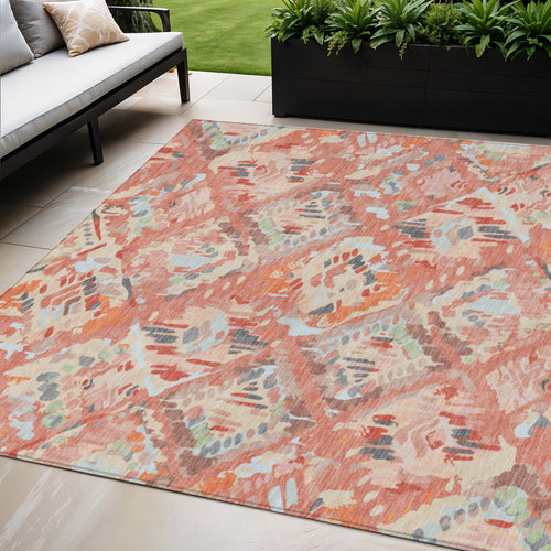 10 X 14 Coral And Orange Geometric Washable Indoor Outdoor Area Rug