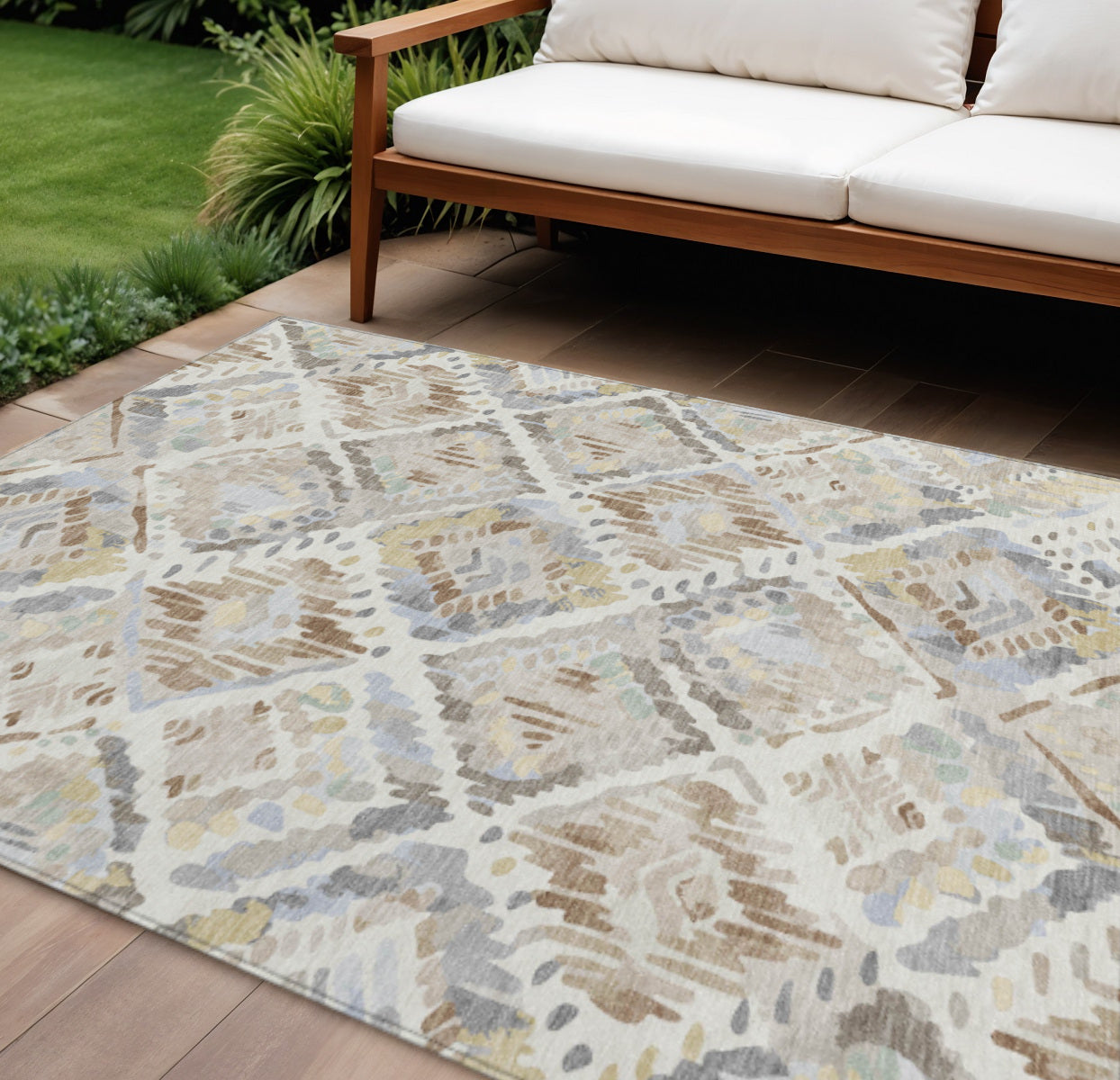 10 X 14 Ivory And Cream Geometric Washable Indoor Outdoor Area Rug