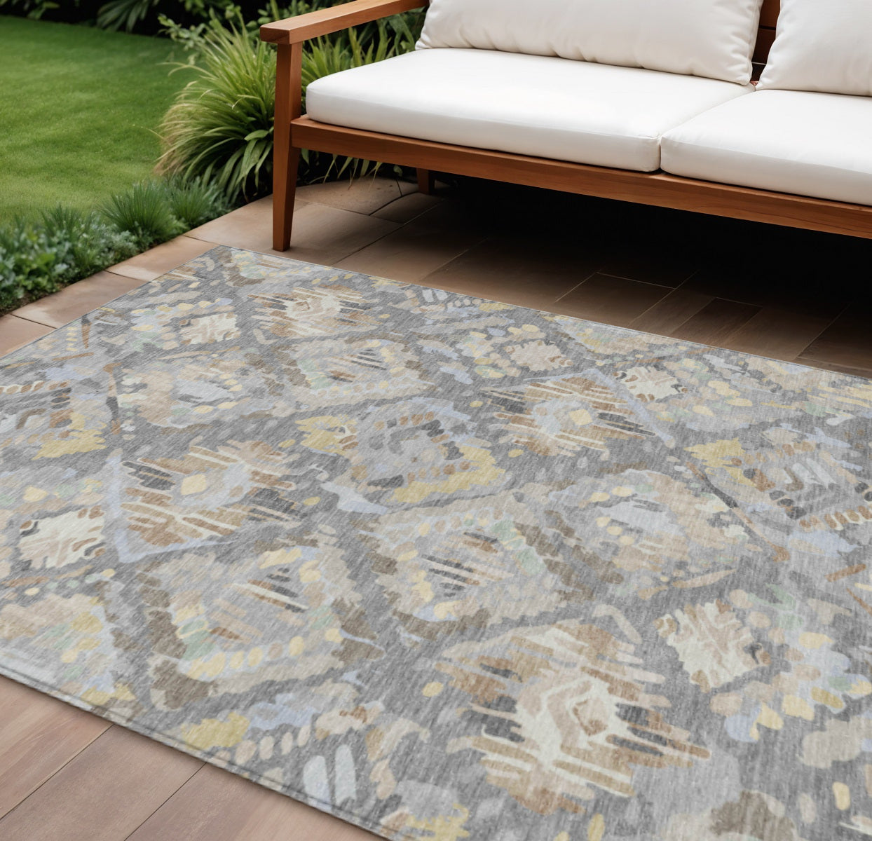 10 X 14 Gray And Brown Geometric Washable Indoor Outdoor Area Rug