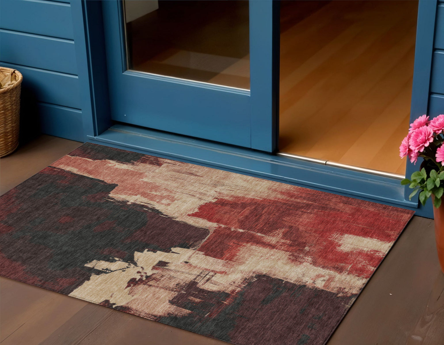 3 X 5 Brick Red And Red Abstract Washable Indoor Outdoor Area Rug