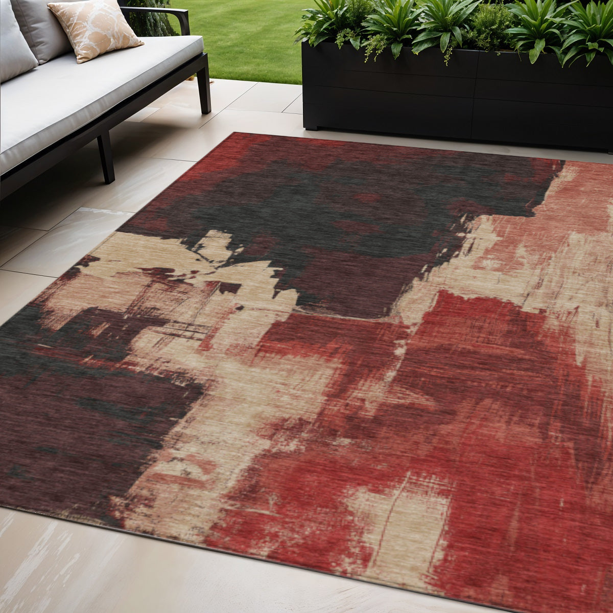 5 X 8 Brick Red And Red Abstract Washable Indoor Outdoor Area Rug