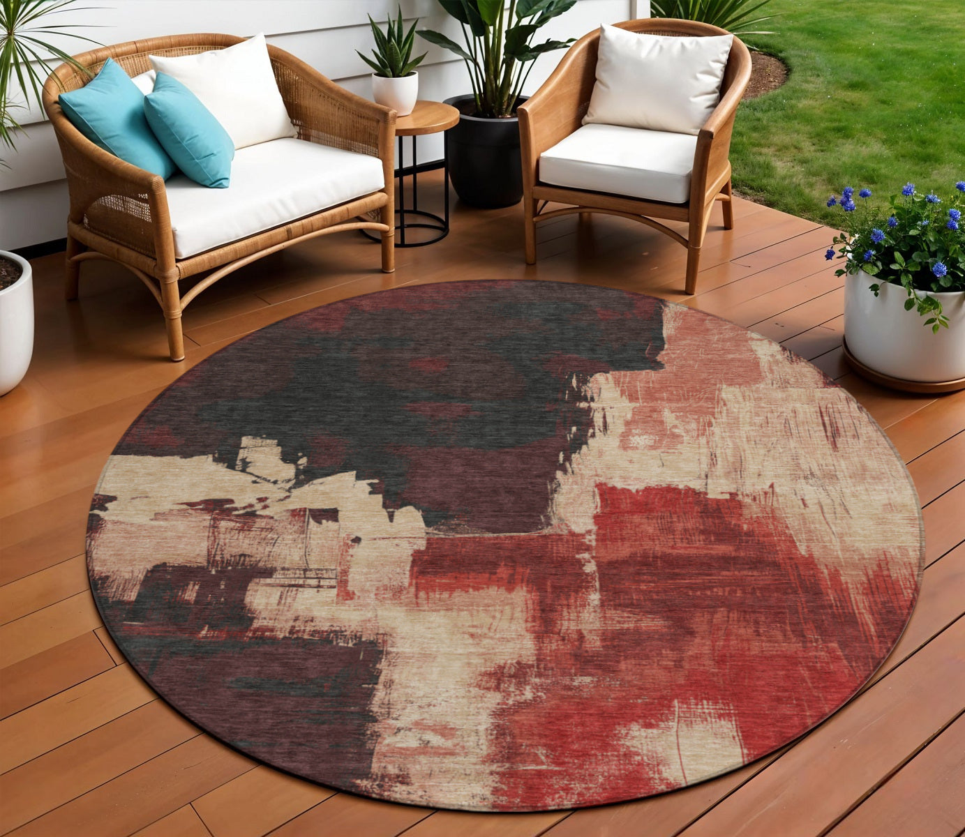 8 Brick Red And Red Round Abstract Washable Indoor Outdoor Area Rug