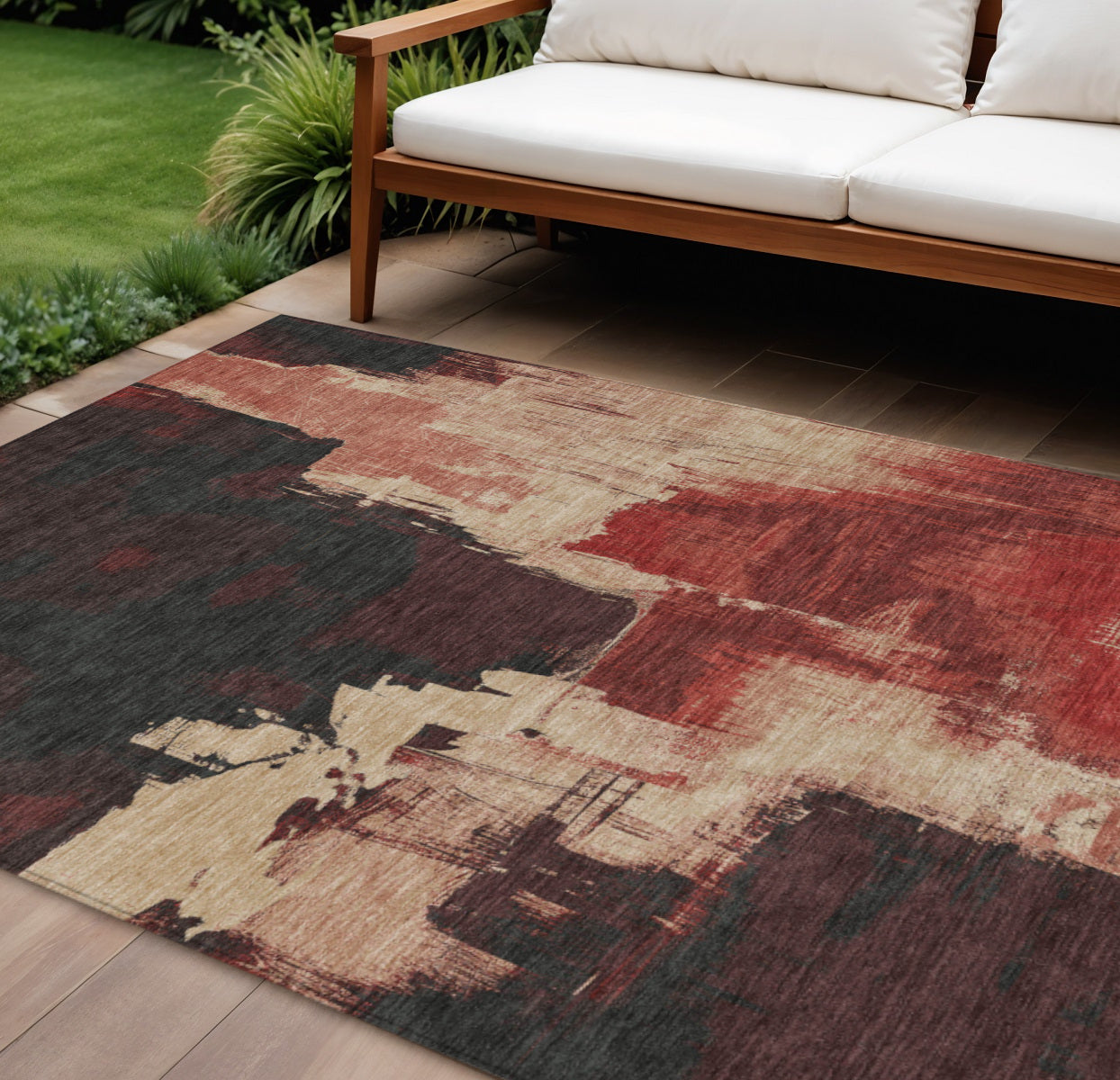 9 X 12 Brick Red And Red Abstract Washable Indoor Outdoor Area Rug